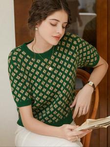 women's plaid print round neck sweater, casual short sleeve crew neck jumper for fall & winter, fashion ladies' knitwear for daily wear