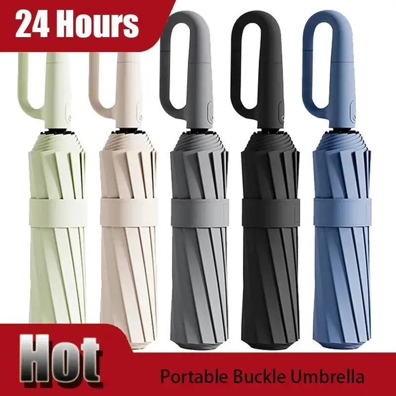 10Bones Windproof Fully Automatic Folding Umbrella with Loop Buckle UPF50+ Portable Compact Sun Rain Umbrellas for Women and Men Gift Lightweight Black Personal