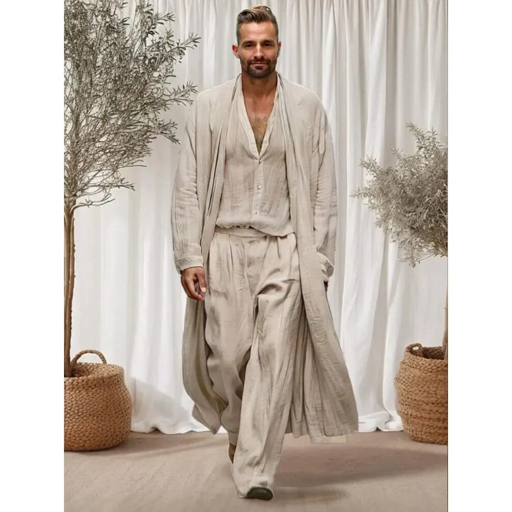 Coofandy Men's 100% Cotton 3-Piece Menswear Set with Belt, Long Sleeve Plain Shirt, Elastic Waist Pants with Pockets, Soft Outerwear for Casual Wear, Minimalist, Clothes, Fabric, Button, Belt Loops, Basics, Matching Set, Elastic Waistband, Cold Wash