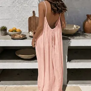 Lady's Adjustable Polyester Solid-Color Spaghetti Strap Cami Night Gown, Elegant Sleeveless Summer Loungewear for Indoor Use