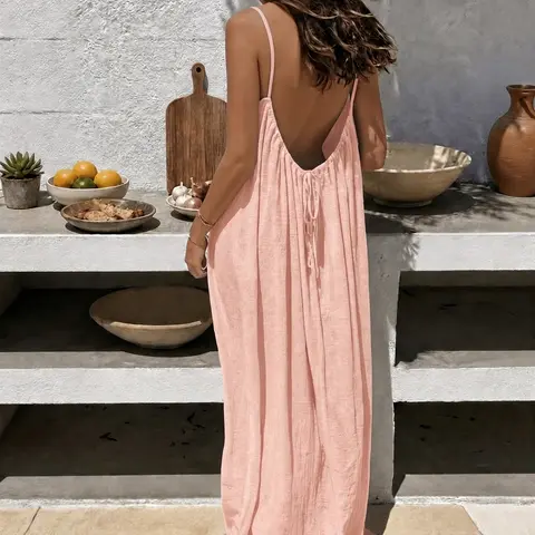 Women's Minimalist Basic Adjustable Polyester Solid-Color Spaghetti Strap Cami Lounge Nightshirt, Elegant Sleeveless Summer Ladies' Indoor Wear Loungewear, XXL Multi-Size Nightwear Homewear