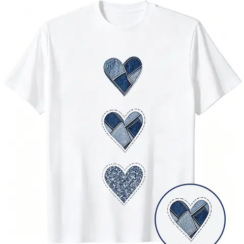 Women's Casual Graphic Crew Neck Short Sleeve Sports Tee - Denim Heart Motif, Flattering Cut, Fades Less, Machine Washable, All Body Types Streetwear Summer Top