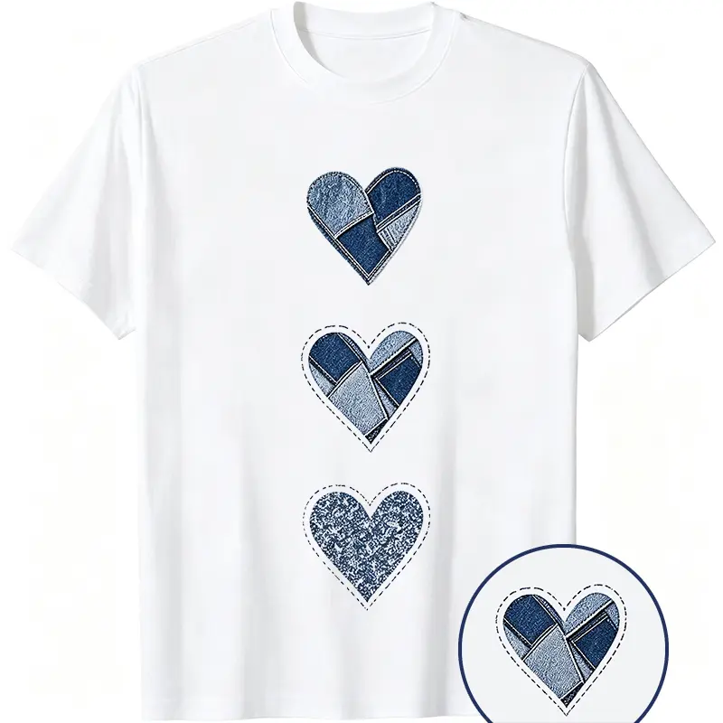 Women's Casual Graphic Crew Neck Short Sleeve Sports Tee - Denim Heart Motif, Flattering Cut, Fades Less, Machine Washable, All Body Types Streetwear Summer Top