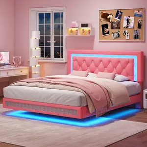 【Floating】TryLazy Floating Bed Frame with LED Lights Upholstered Modern Platform Bed Diamond Tufted Headboard Noise Free Comfort