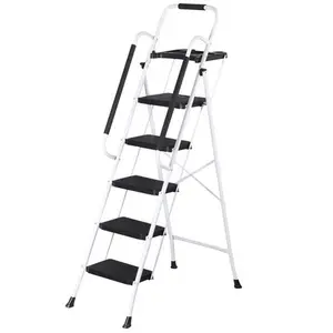 5 Step Ladder Folding Steel Step Stoo w/Non-Slip Wide Pedal and Tool Tray White