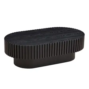 43.70 Inch Modern Handcraft Drum Coffee Table Oval Coffee Table for Living Room, Small Wooden Coffee Table with Sturdy Pedestal for Office, Black