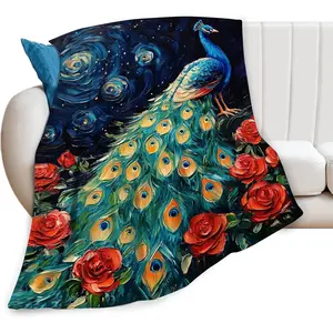 Peacock Blanket Flowers Rose Throw Blankets for Girls Boys Soft Warm Colorful Night Sky Throws Flannel Plush Animal Gifts for Kids Men Women Adults for Bed Bedding Decor