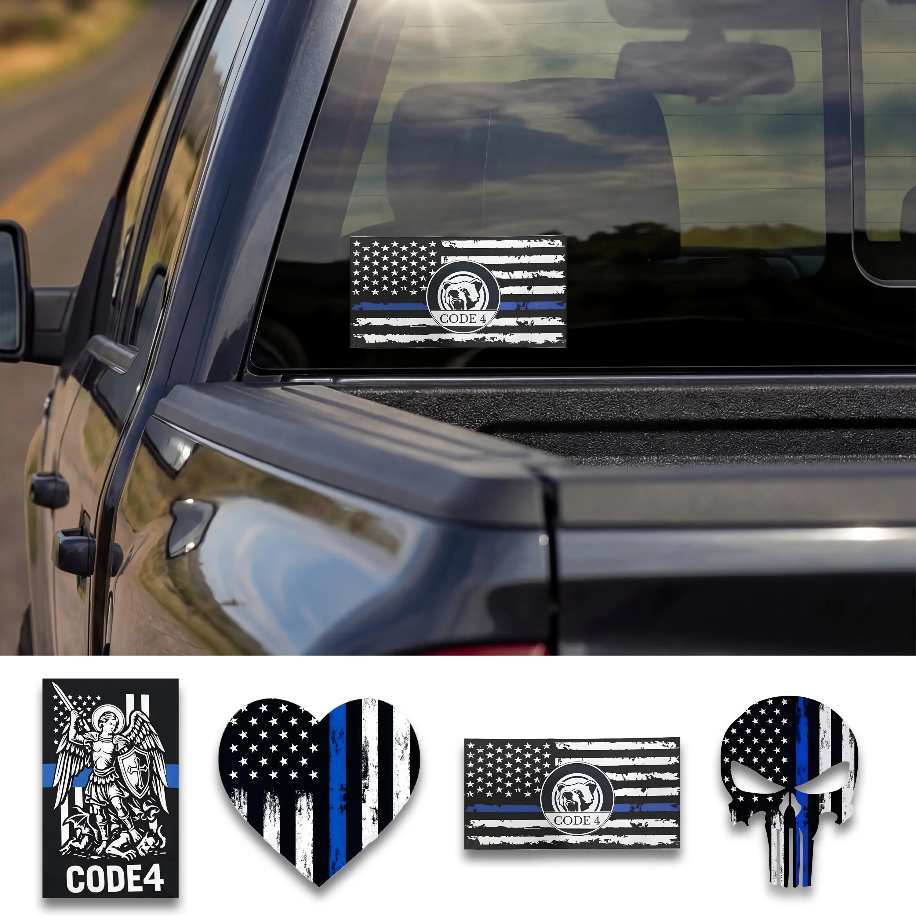 CODE4 St Michael Thin Blue Line Decal Set of 4 for Car Windows and Vehicles Vinyl Sticker Windshield Sticker