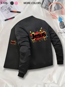 Jesus Printed Graphic Fitted Long Sleeve Bomber Jacket Coats - Casual Zip-Up Outerwear, Suitable for Casual Outdoor Sports, Fashionable & Durable for All Seasons, Ideal for Daily Activities, Gifting, Gatherings & Work.