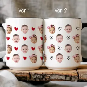 Custom Multiple Face Mug with Hearts – Personalized Coffee Mug with Kids' Photos – Unique Gift for Mom, Dad, or Grandparents – 11oz/15oz Ceramic Coffee Cup