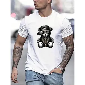 Men's Regular Fit Cartoon Bear Print Round Neck Tee, Fashion Casual Streetwear Short Sleeve T-shirt for Daily Outdoor Wear, Graphic Tees, Mens Clothes for Summer