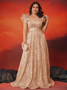 【Plus Size】 Floral Jacquard Sequins Evening Dress, Elegant V Neck Ruffled Sleeves and Hem Design Evening Party Gown, Women's Clothes for All Seasons, Womenswear, Elegant Formal Dress