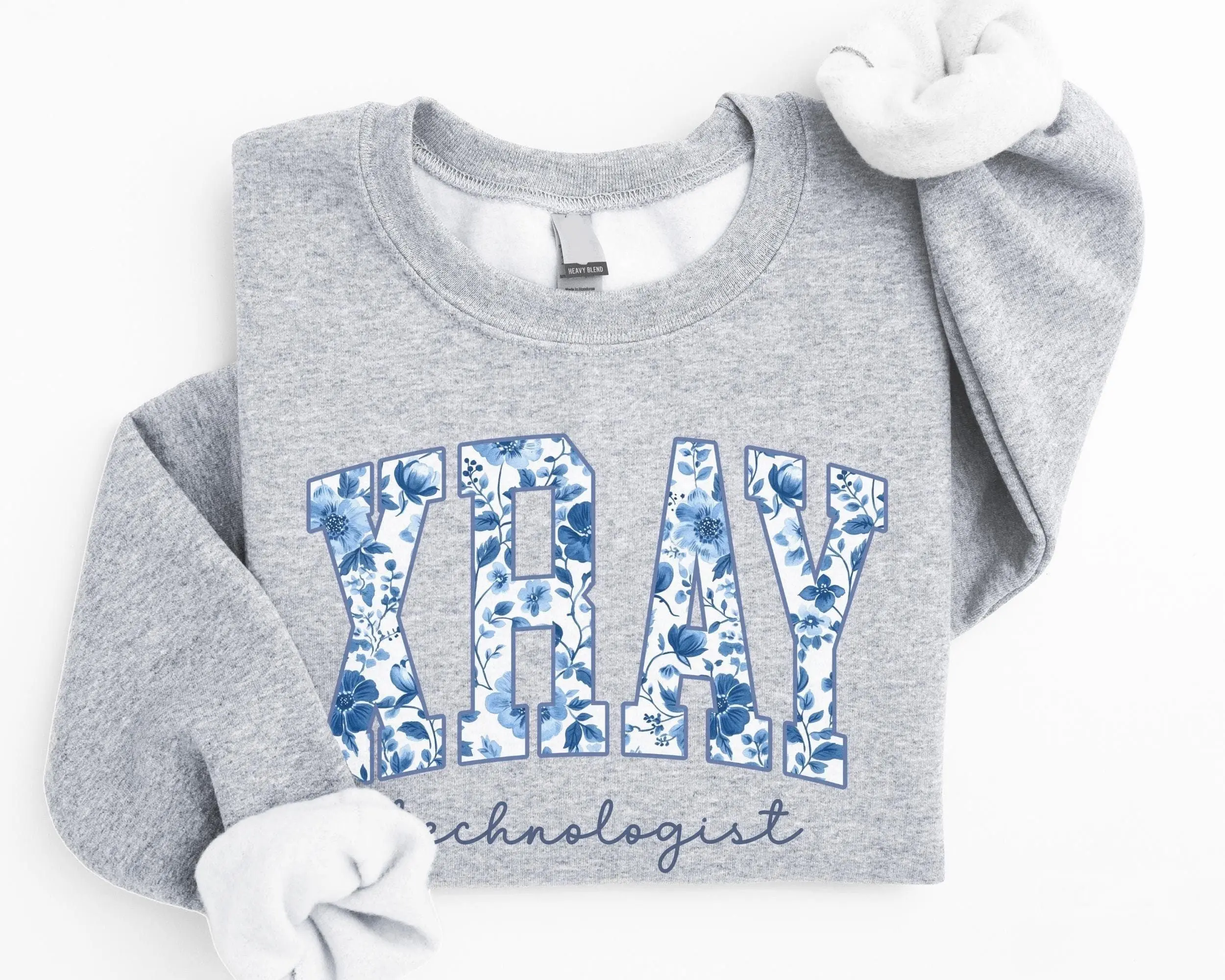 Women's Blue Toile Floral X-Ray Tech Tops - Fitted/Round Neck T-Shirt, Oversized/Long Sleeve Fleece Sweatshirt, Breathable Casual Radiology Technologist Grad Gift
