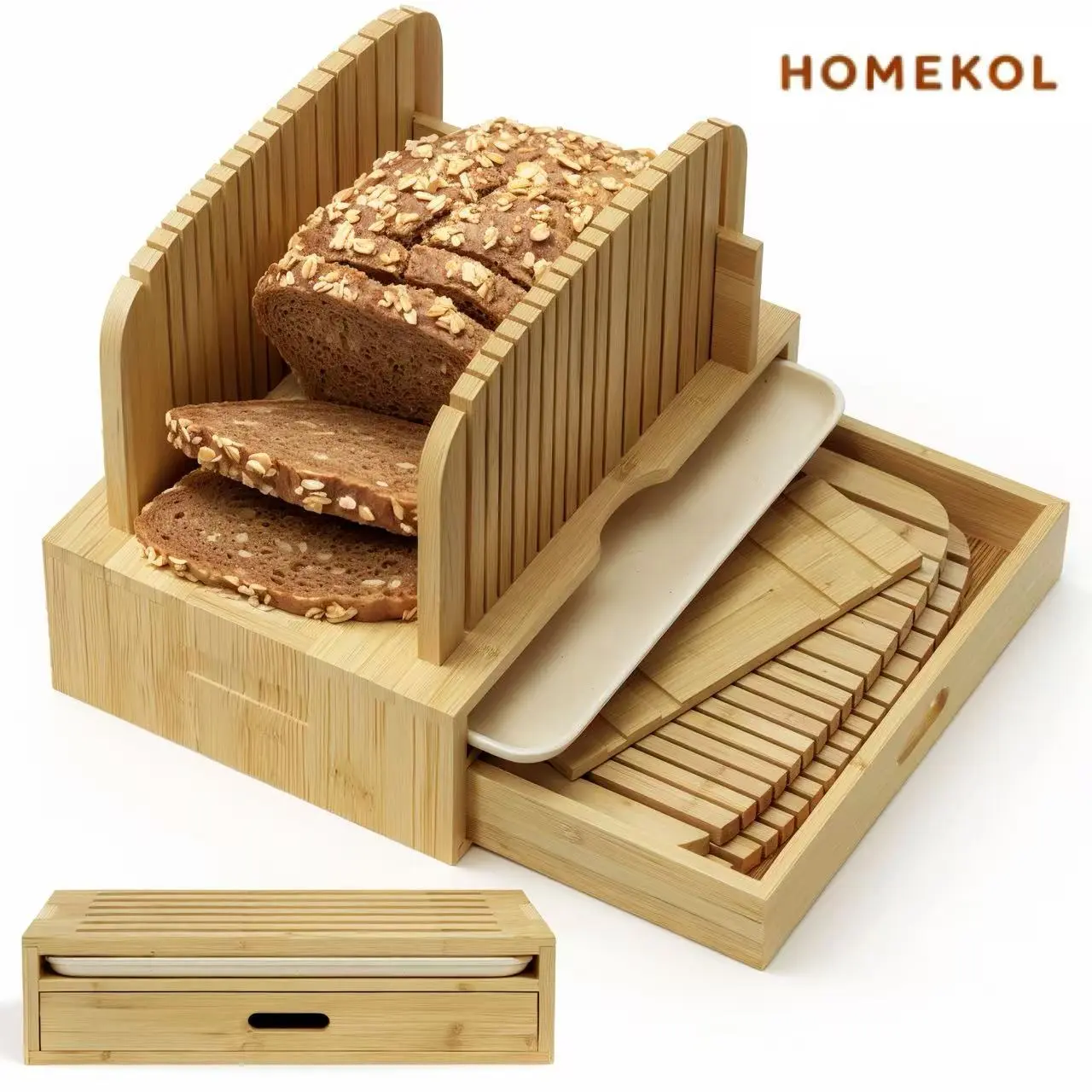 HOMEKOL Natural Bamboo Rectangular Bread Slicer Board - Adjustable, Foldable Smooth Cutter with Plastic Crumb Storage Tray, Baking Supplies, Cooking Accessories, Kitchen Baking Gadget for Homemade Loaves