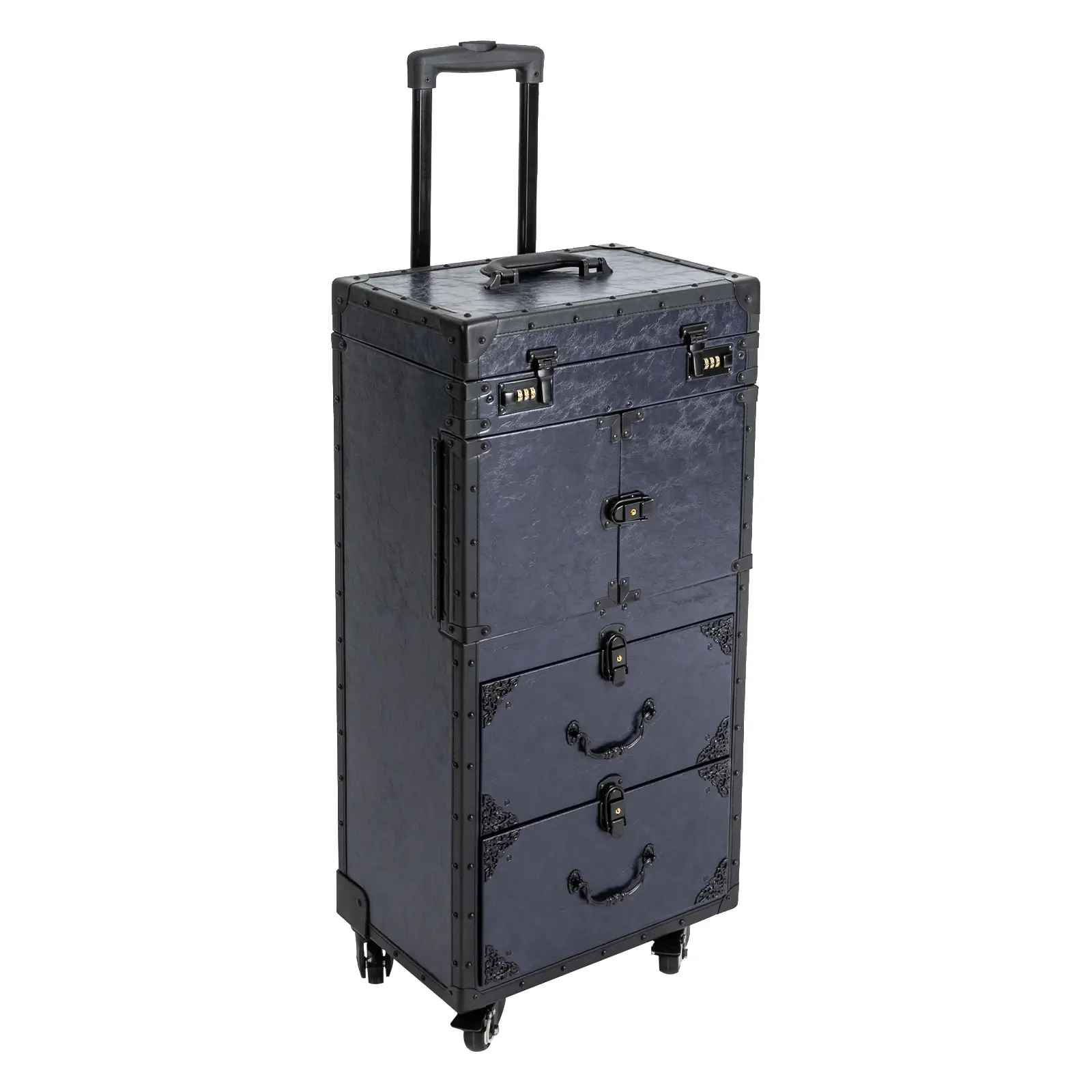 Dark Blue Rollable 4-Wheel Travel Trolley Organizer Case - Aluminum Alloy Frame, Hairdryer Holder for Salon Hair Stylists, Barber Equipment Storage