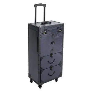 Cosmetology Case with Hairdryer Holder, Travel Trolley with Wheels, Dark Blue Color, Rollable Design for Hair Stylists