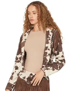 Shyanne Women's Porter Cow Print Faux Suede Embellished Fringe Moto Jacket - Swho25o3-Bn