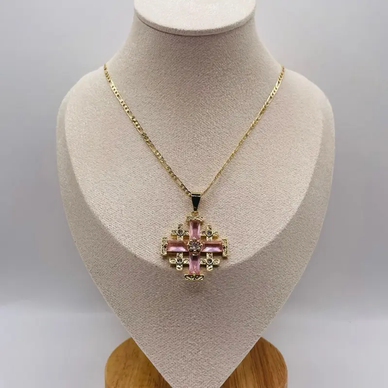 Jerusalem Cross Necklace - Pink 18 Karat Gold Plated Valentine's Day Libra Mother's Day Gift Christmas First Communion Anniversary Auspicious Birthday Daily Jewelry