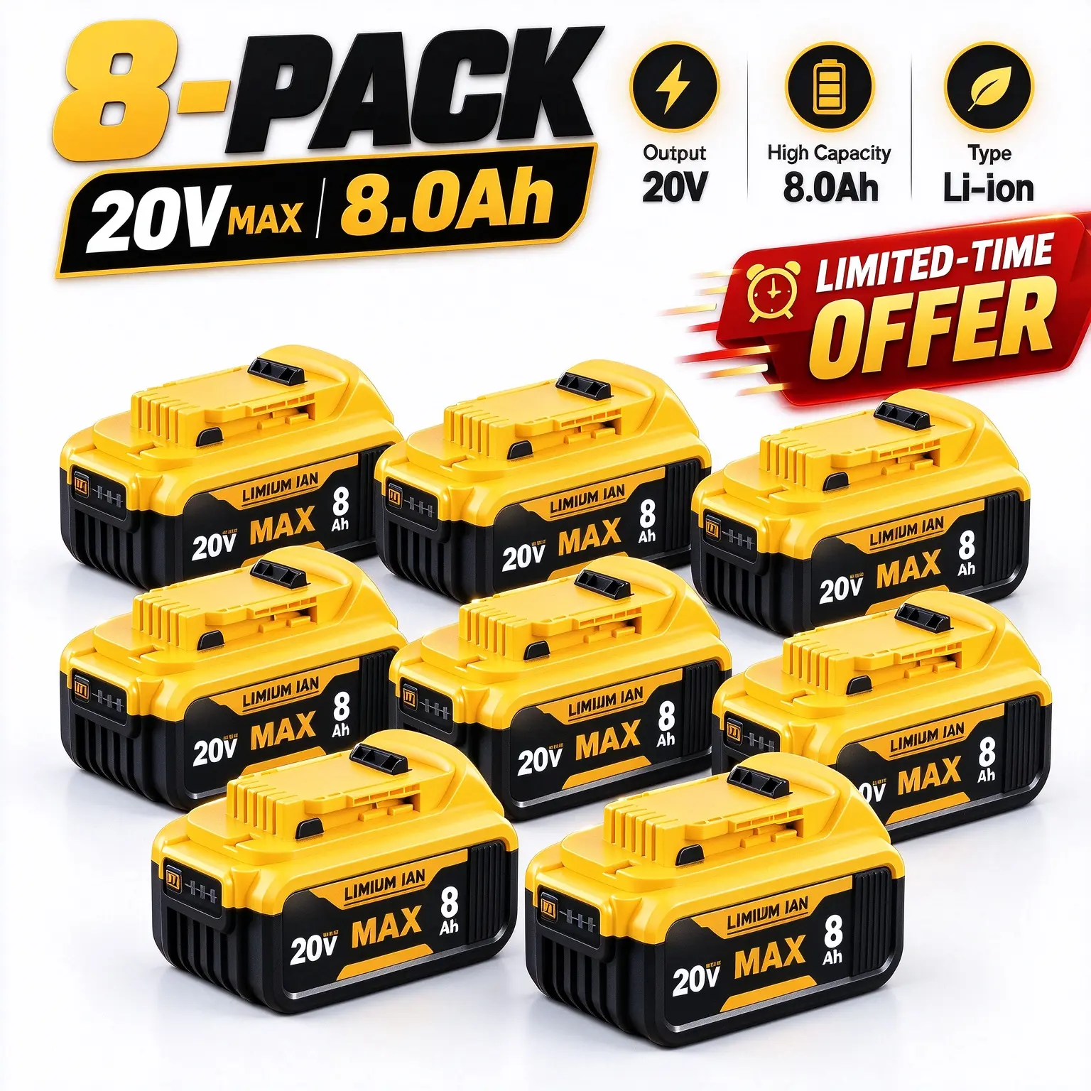 20V MAX 8.0Ah Li-Ion Quick Release Slide-Style Replacement Battery with LED Gauge, Compatible with DeWalt DCB200 DCB205 DCB206 DCB208 Cordless Tools