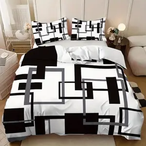 Three-Piece Bedding Set with Ink Geometric Print, Soft and Warm Fitted Sheet and Pillowcases, Soft Bedding Sets, Multiple Sizes for Boys Girls Adults Teens Couples