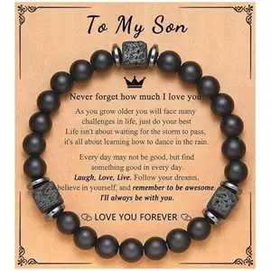 VelmoraJewelry B To My Son Bracelet Love Gifts for Him Dad Husband Brother Son Grandpa Lava Stone Bead Bracelet with Card