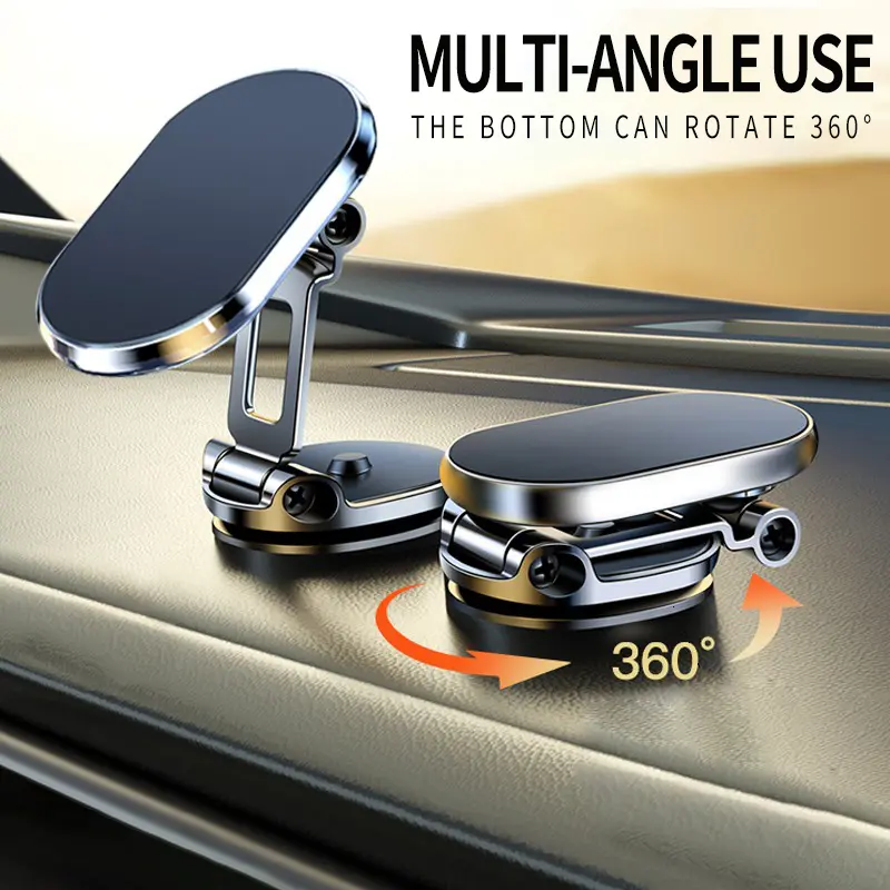 Foldable Metal Magnetic Car Cell Phone Holder - 360° Rotating Dashboard Mount, Adjustable Angle & Height, Strong Hold, Compact Universal Hands-Free Stand, Magnetic Mobile Mount, Car Interior Accessories, Vehicle Accessory
