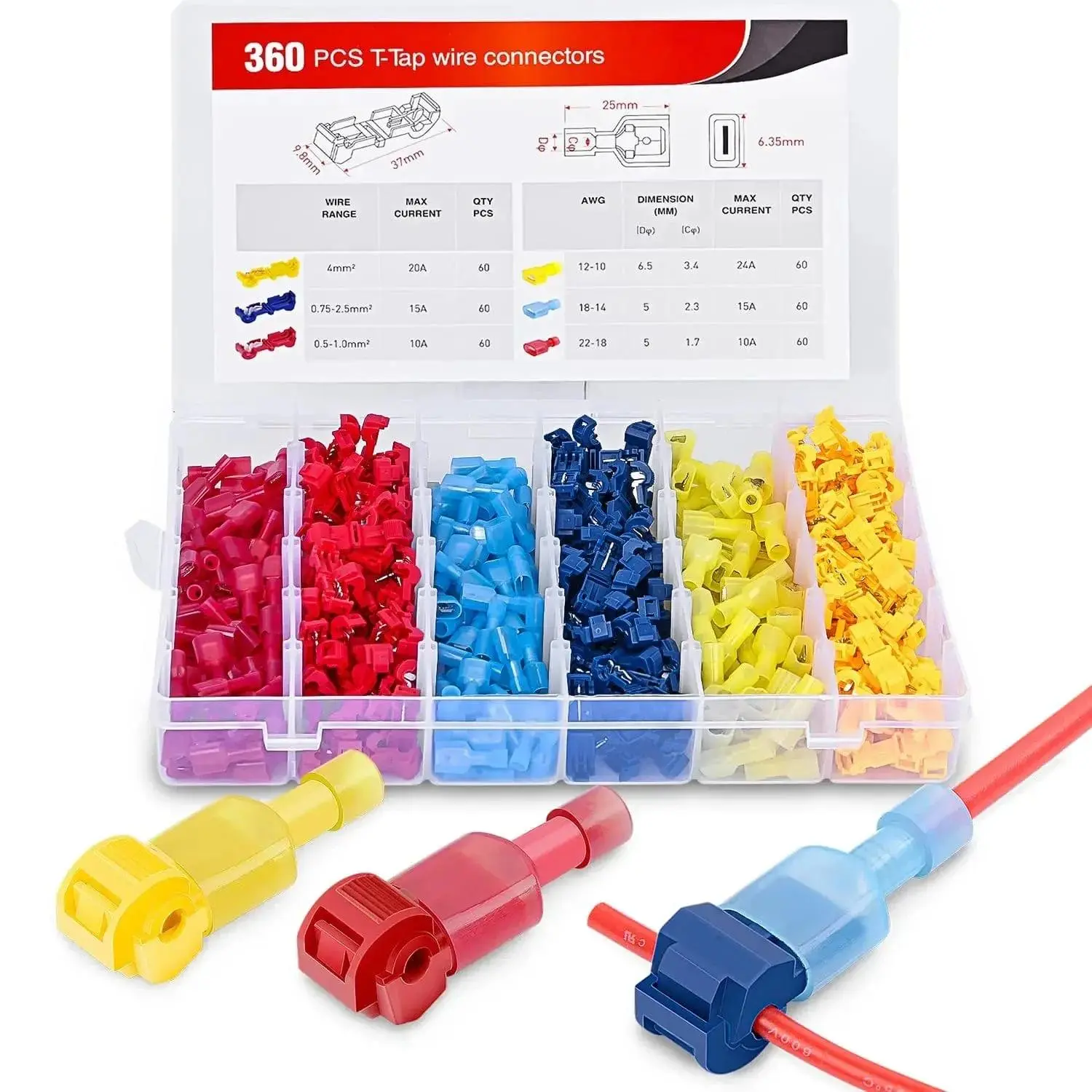 Nilight Quick Snapping Self-Stripping Terminal Plug Kit - 360PCS T-Tap Terminals, 180PCS Quick Splice Wire Taps, Easy to Use Fasteners for 12-10 Gauge Wires, Automotive Interior Clips, Durable Reliable Connectors
