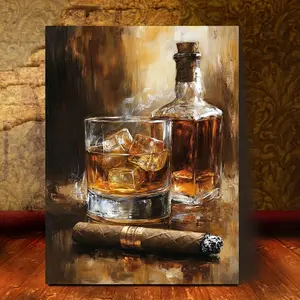 A Wooden Frame Canvas Art, 27.94x 40.64cm - Whiskey and Cigar Scene, Realistic 3D Effect, Suitable for Bedroom and Living Room Decoration, Indoor Use, Bedroom Wall Art| Whiskey-themed Art| Detailed texture, whiskey decoration