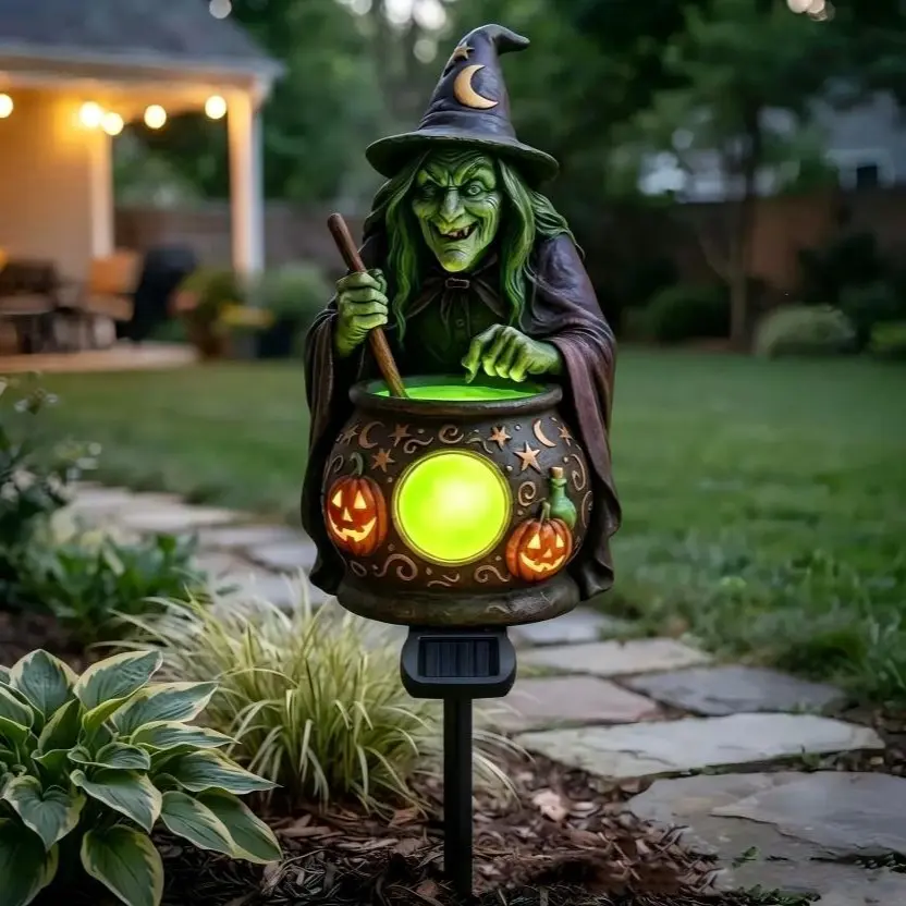 Witch's cauldron courtyard with lamps placed on the ground