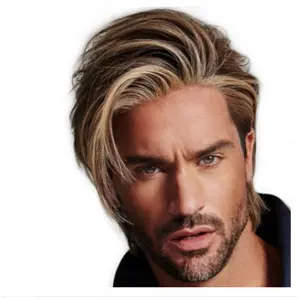 Fashion Men's Synthetic Full Machine Wig, 8 in Mixed Tones Golden Brown, Breathable Net Cap, Realistic Look Male Fake Hair Head Cover for European and American Style Handsome Appearance