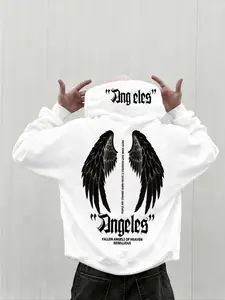 Men's Dark Fallen Angel Long Sleeve Hoodie, Gothic Trendy Top, Casual Fitted Graphic Sweatshirt, Fall & Winter Fashion, H Type Silhouette