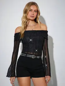 Fashion Sheer Mesh One-Shoulder Crop Top with Sequin Accents, Chic Sexy Style for Parties, Streetwear, and Social Events