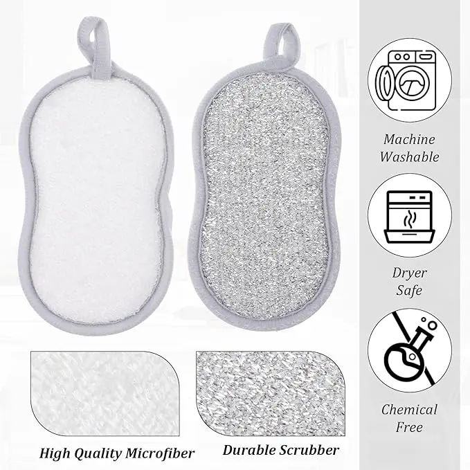 5 PCS Multi Purpose Scrub Sponges Gray Non Scratch Microfiber Sponge Cleaning Dish Scrubber Reusable Dish Sponges for Washing Dishes Along with Heavy Duty Scouring Power,Items for Christmas Gatherings