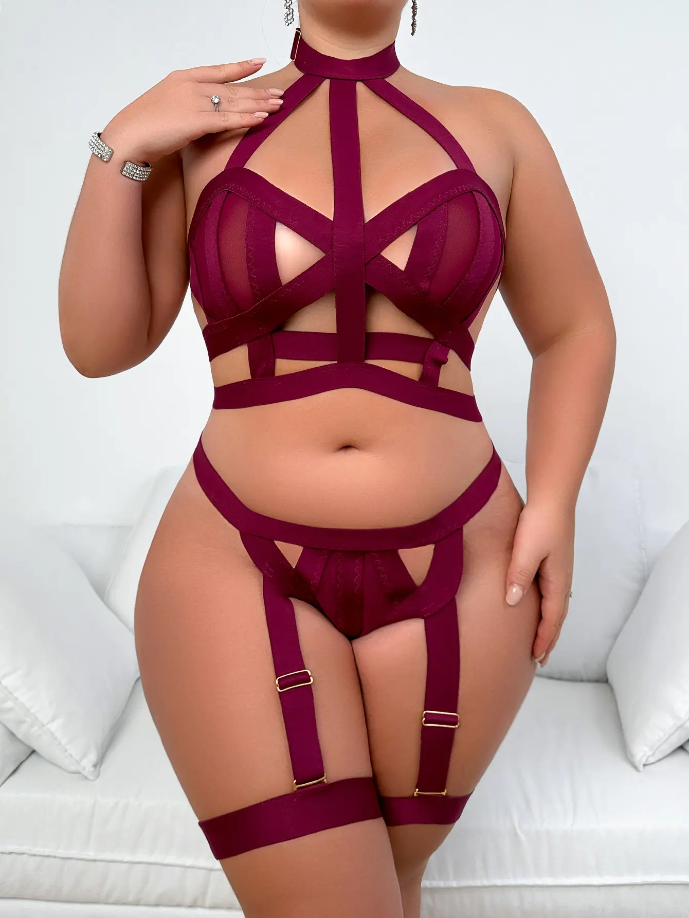 Trending   Hollow-Out Lingerie Set – 3-Piece Bra & Panties with Leg Garter Belts, Adjustable Halter Neck Strap Style, Valentine’s Date Night Outfit, Boudoir Photoshoot, Gift for Curvy Girls, Outfit Inspiration fashion plus size lip