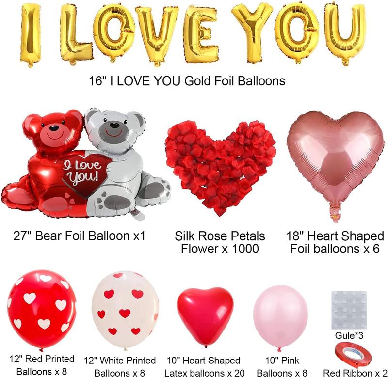 New Deal - Valentines Balloons Kit with I Love You Balloons Heart Balloon Bear Balloon 1000pcs Rose Petals for Valentines Decorations Anniversary Proposal Romantic Special Night New Deal - Valentines Balloons Kit with I Love You Balloons Heart Balloon Bear Balloon 1000pcs Rose Petals for Valentines Decorations Anniversary Proposal Romantic Special Night