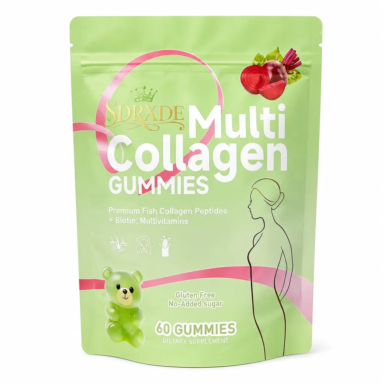 SDRXDE Women's Multi Collagen Gummies - Skin Care Support with Collagen Boost, Biotin, Vitamin C, Hyaluronic Acid, Zinc Citrate, Beet Root Powder, 0 Sugar, Clean Label, Gluten Free, Fruit Flavored Chewables, 60 Count Pouch (Single Item)