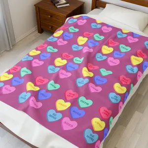 Conversation Heart Pattern Velveteen Plush Blanket | Candy Hearts Design