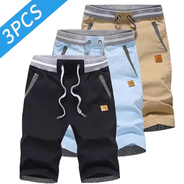 Men’s 3 pack cargo shorts, drawstring elastic waistband, pocketed cuffs with contrasting stripes, versatile straight leg loose fit, breathable and wear resistant casual pants for everyday use