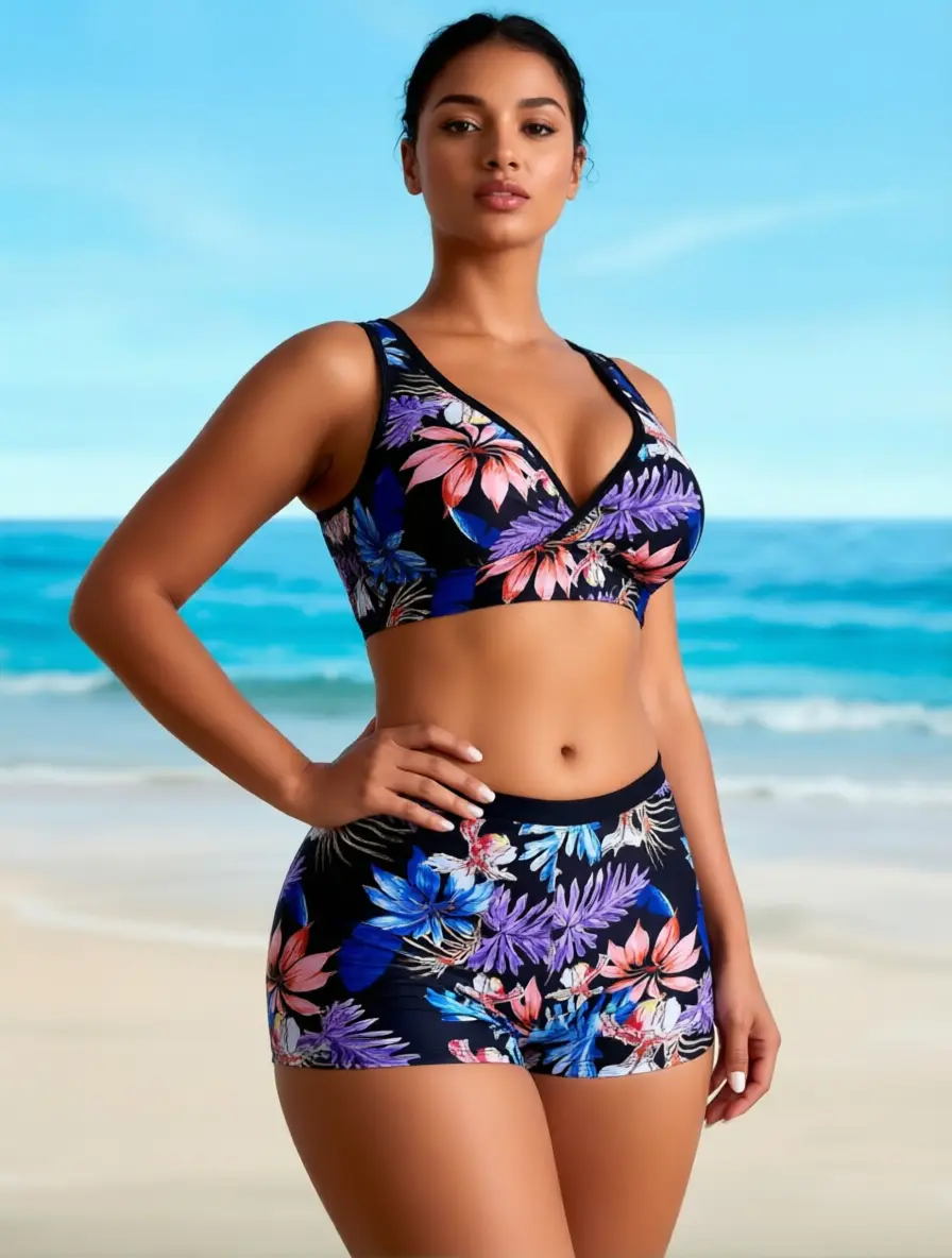 Women's 2-Piece V-Neck Tropical Leaf Print Tankini Swimsuit - High Waist Boyshort Bottom, Modest Sporty Bathing Suit for Beach, Pool