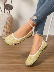 Women's new square-toed flat shoes with three-dimensional floral decoration, breathable mesh, soft sole, lightweight ballet shoes for daily commuting and casual wear