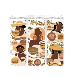Boho Black Girl Affirmation Tumbler - Sealed Double Insulated Stainless Steel with Sublimation Ink Transfer Drinkware Flasks skinny tumbler