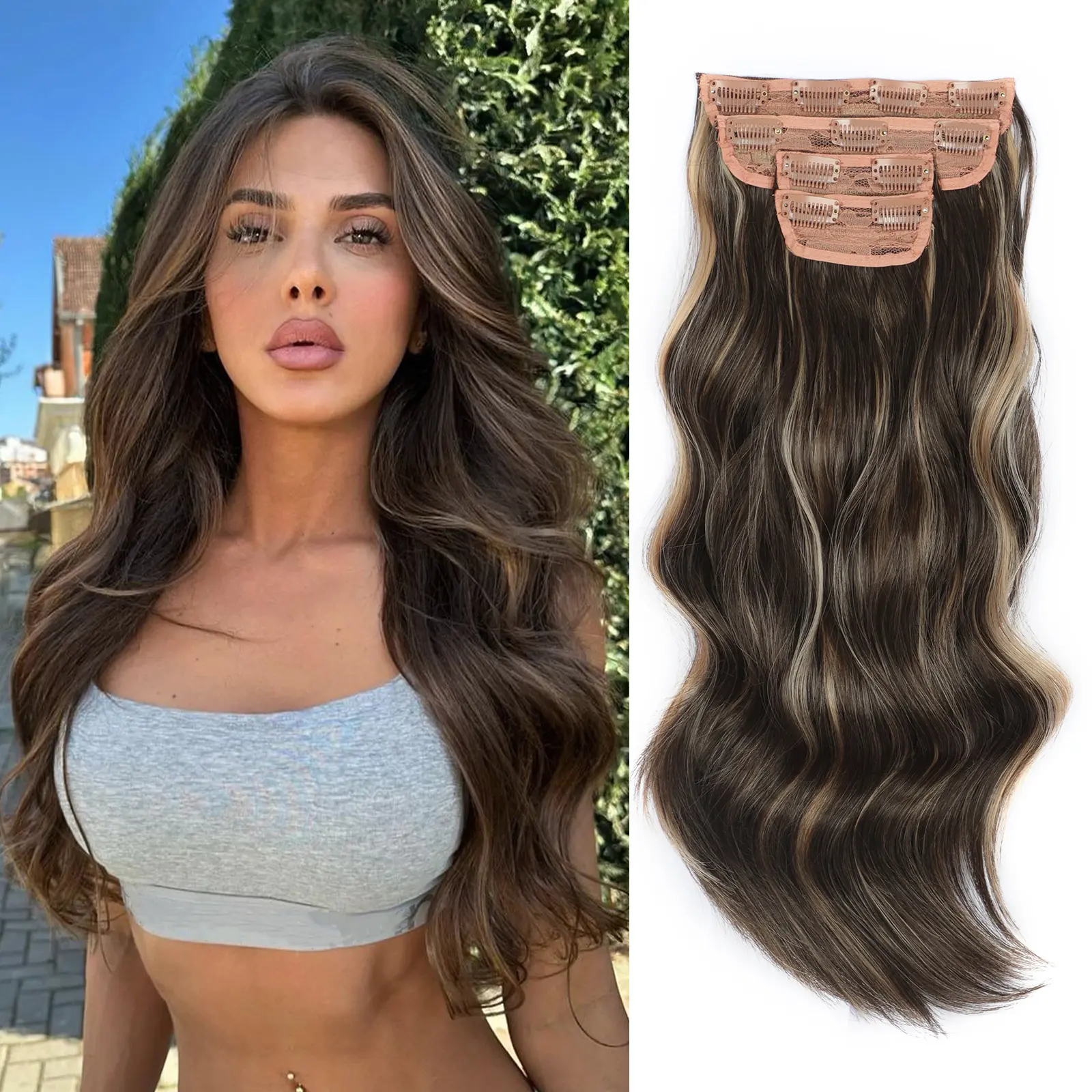 Vigorous Glueless Clip-In Hair Extensions for Women, Long Soft Wavy Synthetic Pieces in Brown & Blonde Blend for Instant Length, Soft Wavy Curly, Soft Synthetic Hair