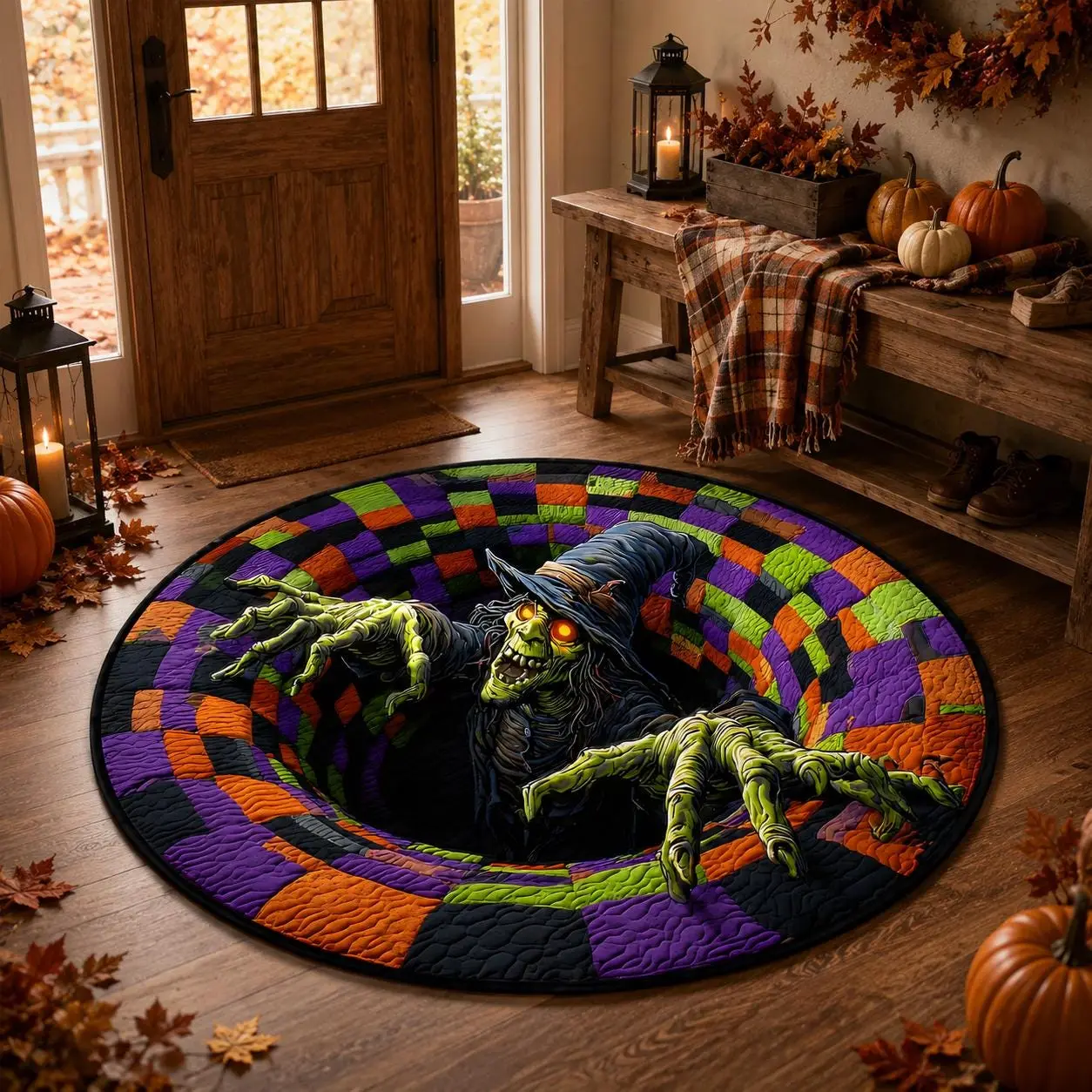 3D Witch Halloween Round Rug – Spooky Optical Illusion Floor Mat, Creepy Witch Pit Rug, Gothic Fall Home Decor