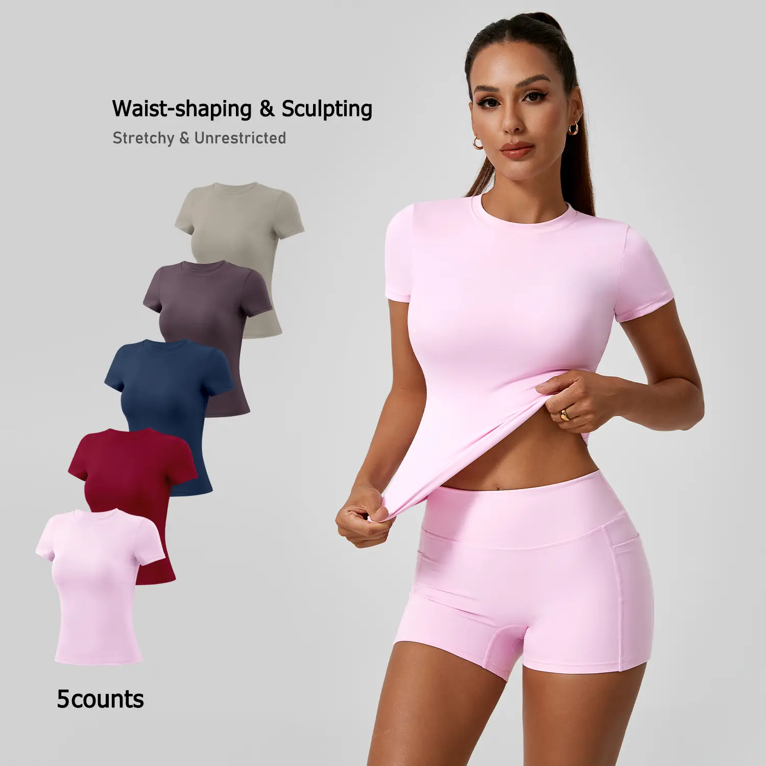 TimeOFF 5 - Piece Solid Sports Tee Set , Round Neck, Slim & Stretchy , Ideal for Yoga, Gym , Workouts – Women’s Athletic Wear Sporty Style Clothes gym