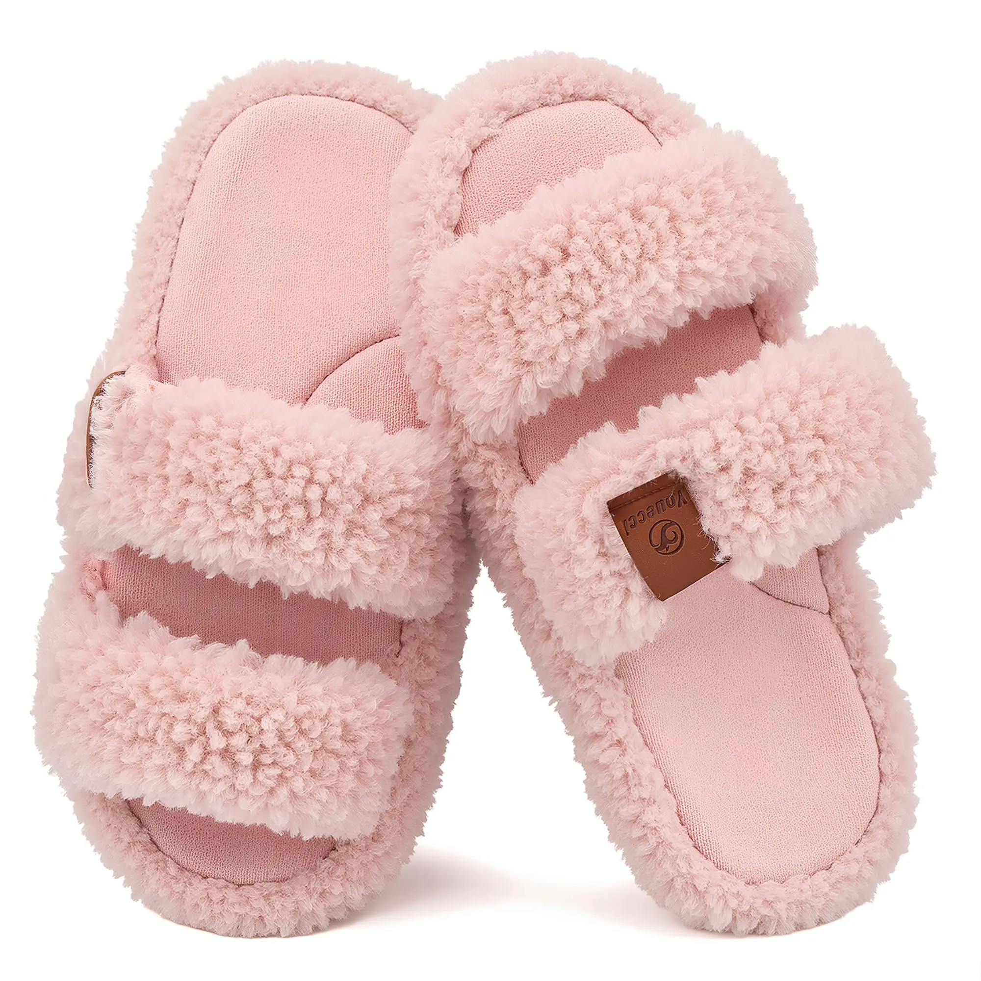 DIOLV Women's Classic Double-bar Slide Slippers - Unisex Plush Cotton Indoor Shoes with Frizzy Hair Open Design, Soft Faux Fur Memory Foam, Rubber Soft Sole Footwear (Ideal for Birthdays), Soft Sole Slippers