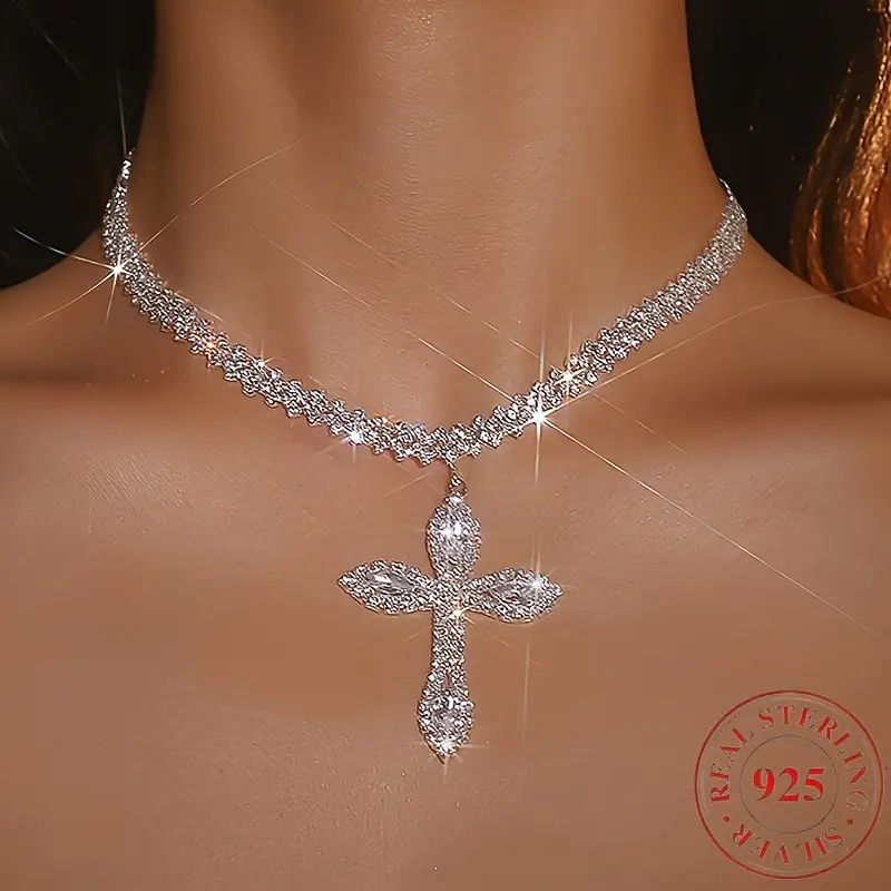 925 sterling silver luxurious sparkling cross pendant necklace, synthetic zircon, silver neck accessory gift, exquisite and elegant, high-end design Versatile Gradient Diamond Bead Rosary Stainless Steel Cuban Link Bear Surgical Stud Earrings Set name toe