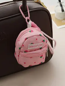 Cute Strawberry Mini Backpack Keychain, Portable Earbud Case & Coin Purse with Carabiner, Pink Aesthetic Bag Charm for AirPods & Keys