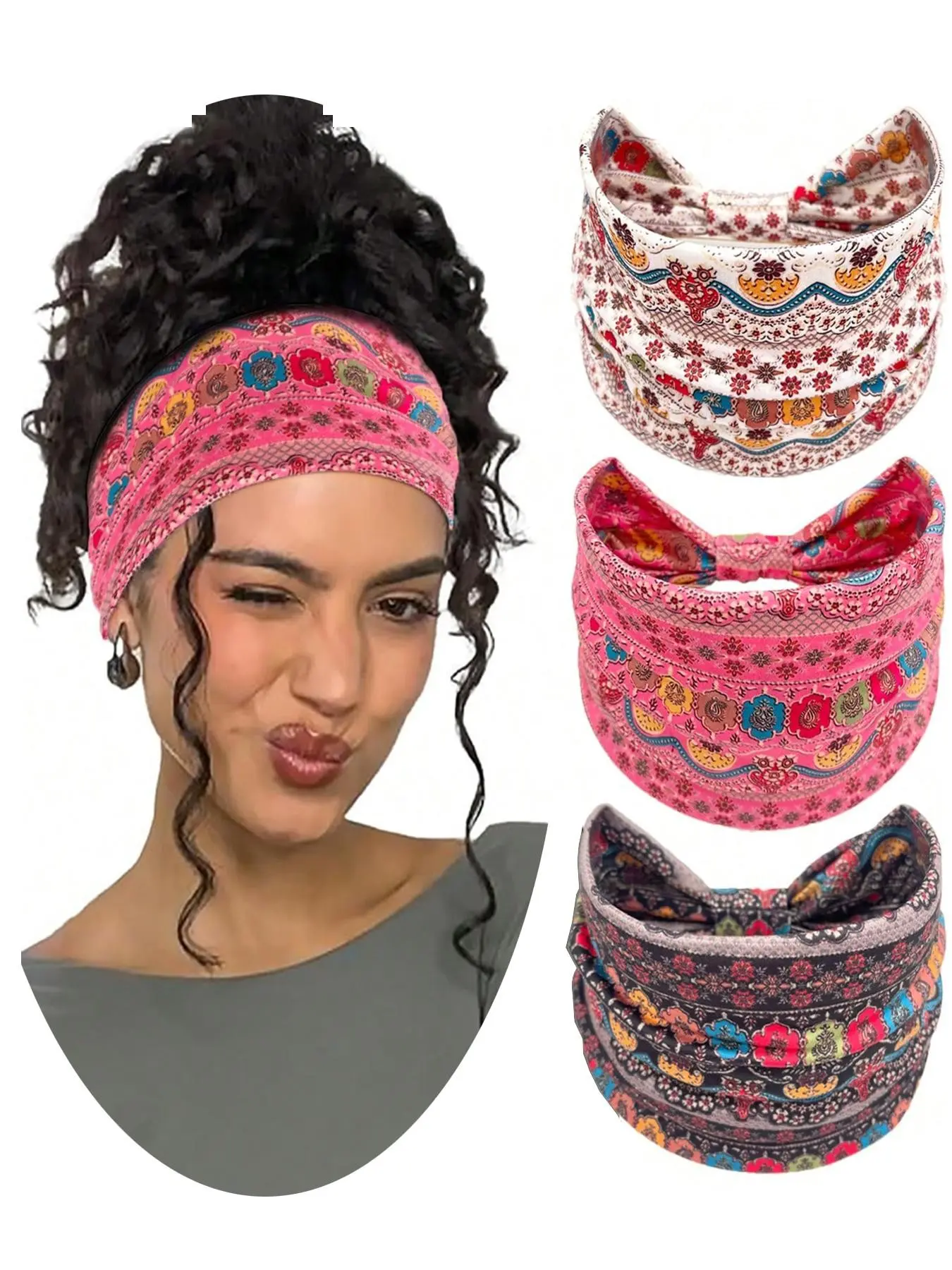 3Pcs Boho Style Ditsy Floral Pattern Hair Band, Fashionable Hair Accessories for Women & Girls, Casual Versatile Hair Accessories for Daily Wear, Boho Headbands, Elastic Headbands, Floral Hairband