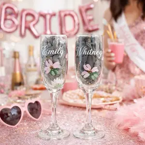 Personalized Bridesmaid Champagne Flute with Floral Design and Name Engraving for Special Occasions