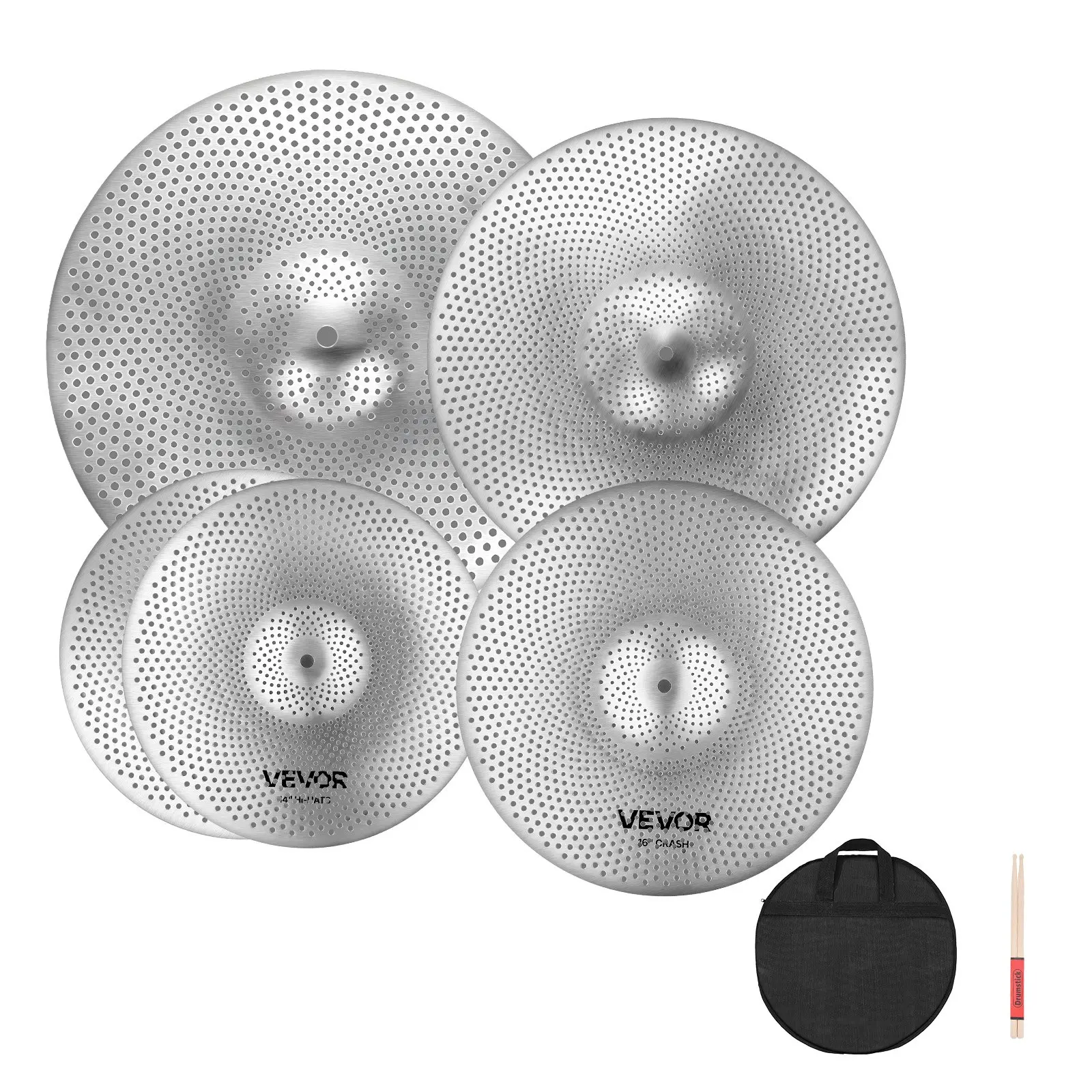 VEVOR Low Volume Cymbal Pack, 4 Pieces Quiet Cymbals for Drum Set, Alloy Cymbals Drum Set Includes 14-inch Hi-Hats, 16-inch Crash, 18-inch Crash, 20-inch Ride, Drumsticks Cymbal Bag, Bright Copper